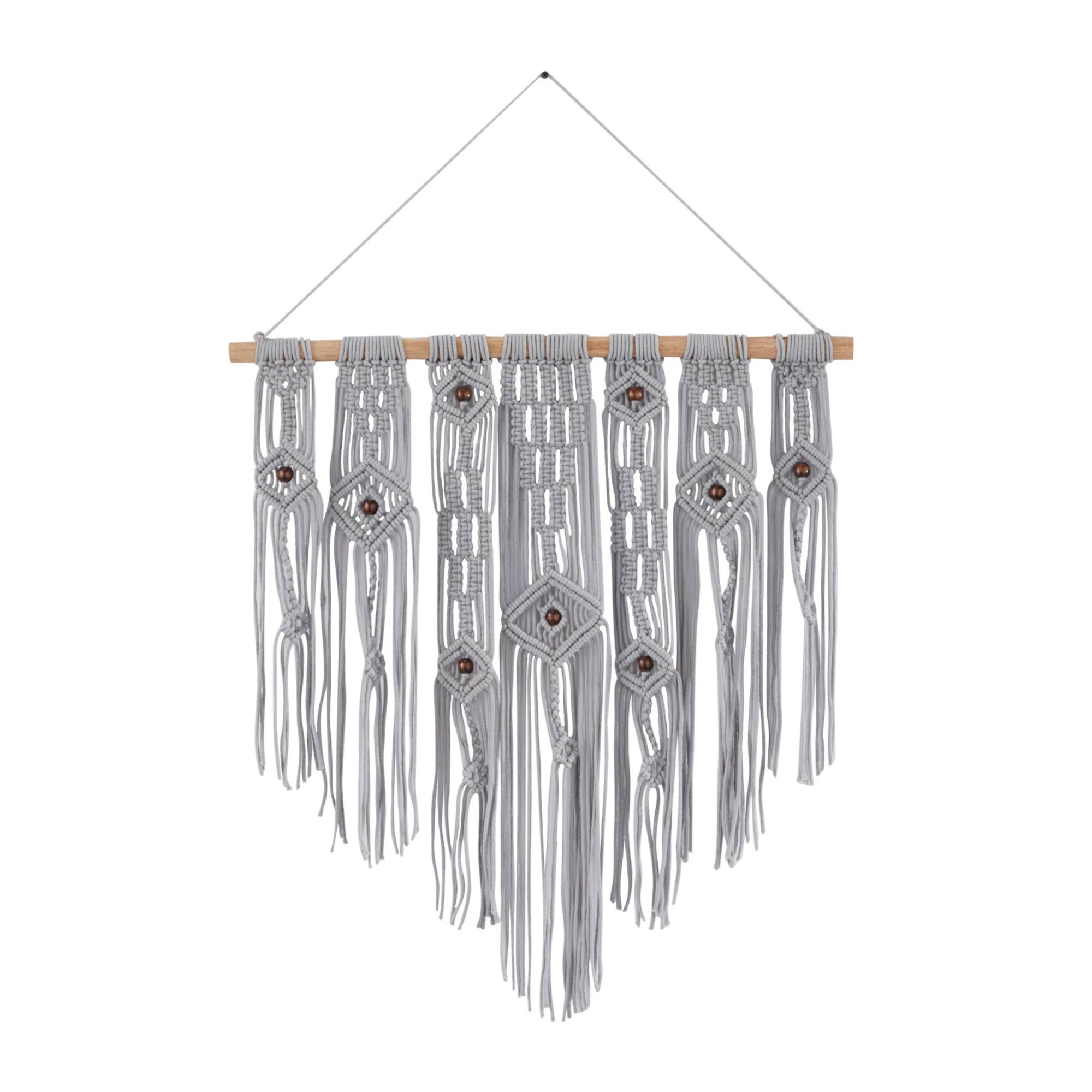 Gray Cotton Intricately Weaved Macrame Wall Decor with Beaded Fringe Tassels 27" x 1" x 36"